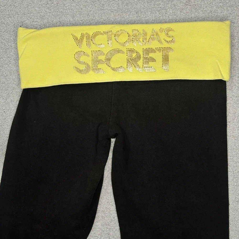 Victoria's Secret Foldover Leggings 2012 Bling Sz S Black Yellow Crop Trendy Y2K